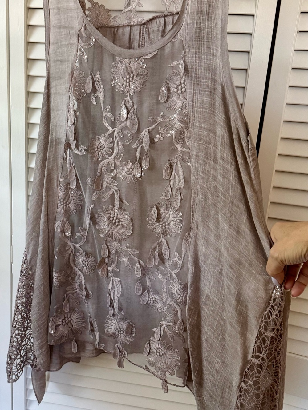 Embroidered Sheer Sleeveless Chemise in Taupe